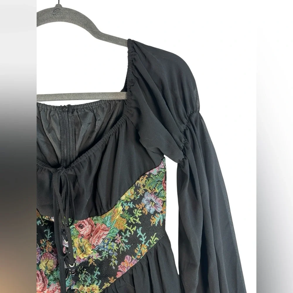 Cider Floral Corset Mini‎ Dress S Black Sheer Bell Sleeve Cottagecore